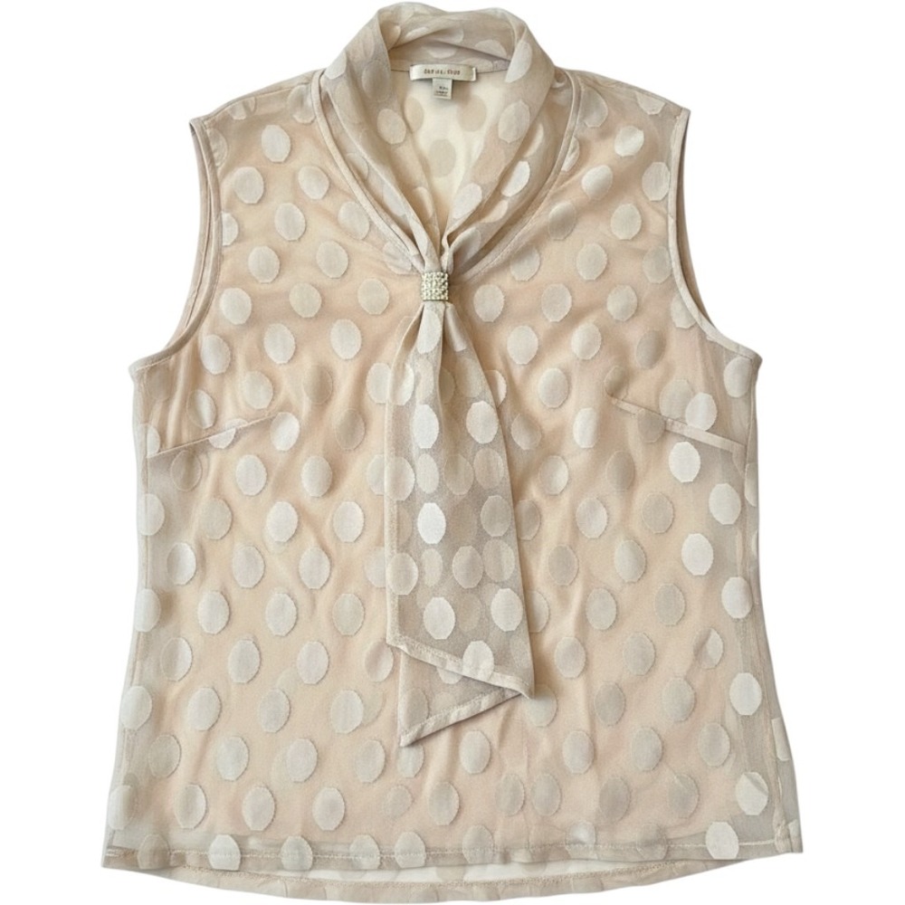 Shannon‎ Ford New York Tan Polka Dot Mesh Blouse Pearl Detail Sleeveless Large